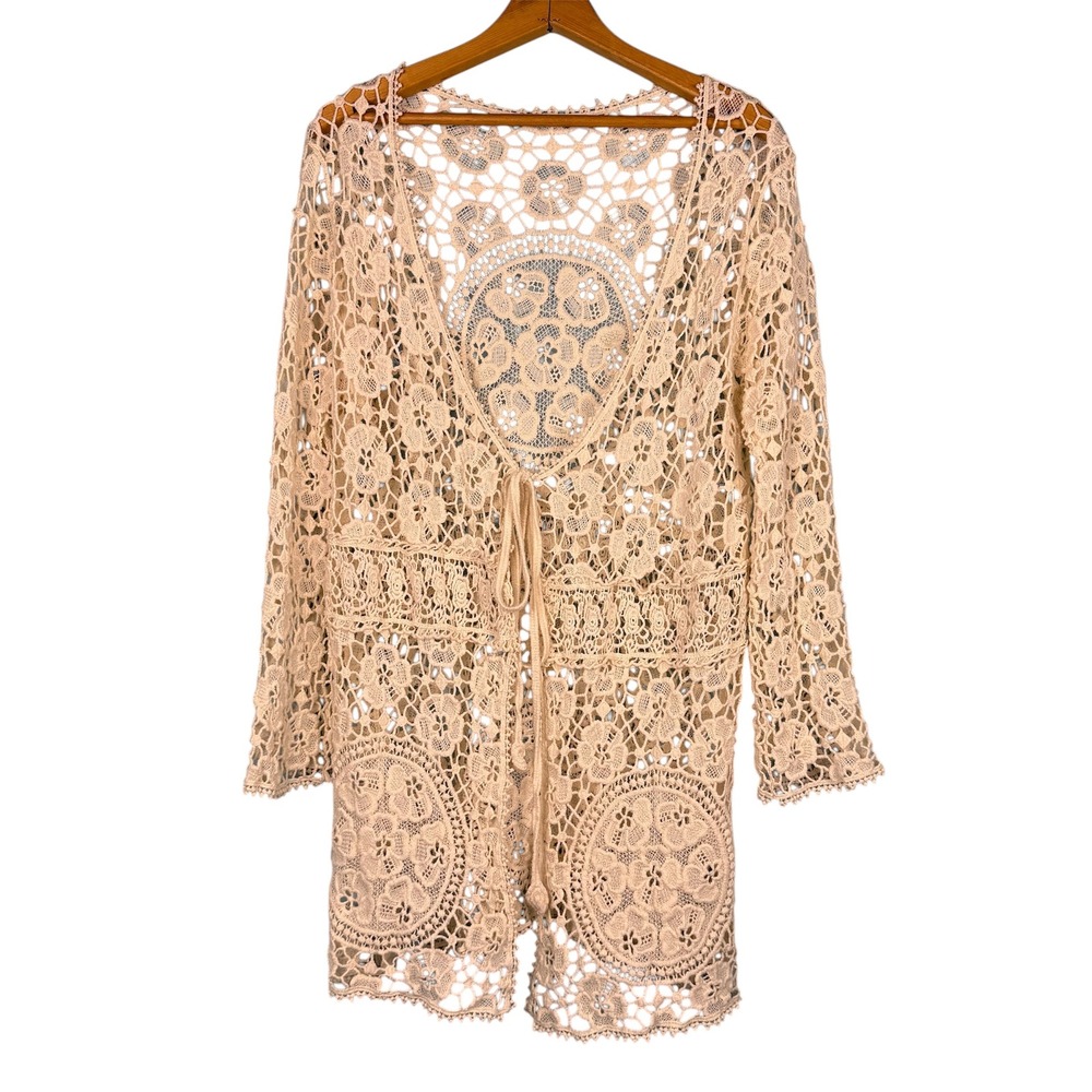 Tickled Pink Cream Crochet Lace Cardigan Floral Boho Tie Front‎ Whimsical Cotton